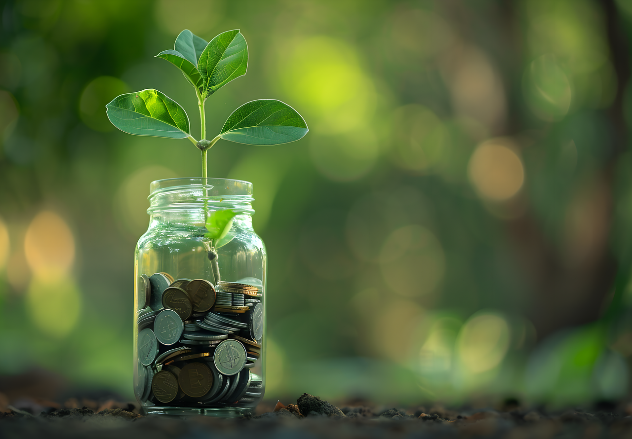 photo by eglantineshala seedling, investment, coins, jar, glass, currency, invest smart, money, finance, profit, wealth, financial, savings, benefit, value, deposit, nature, green background, decision, bokeh